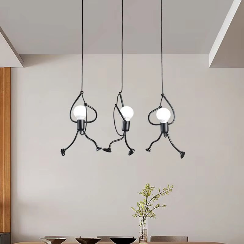 Vintage Iron Little Man Modern Arts Chandelier LED Ceiling Lamp Home Living Room Children Bedroom Decor Black E27 Pendant Lights