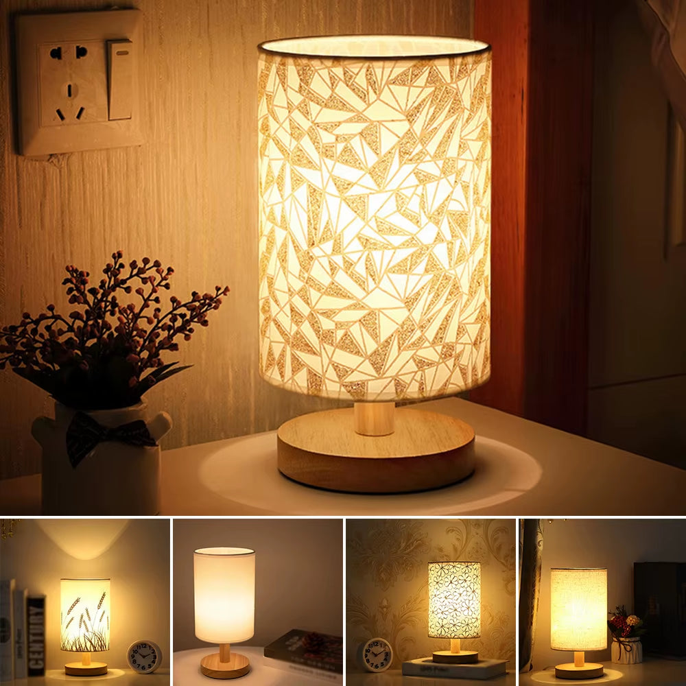 Solid Wood Night Lamp New Linen Table Lamp LED Desk Lamp Eye Protection Nightstand Lamp USB Powered beside Lamp Bedroom Decor