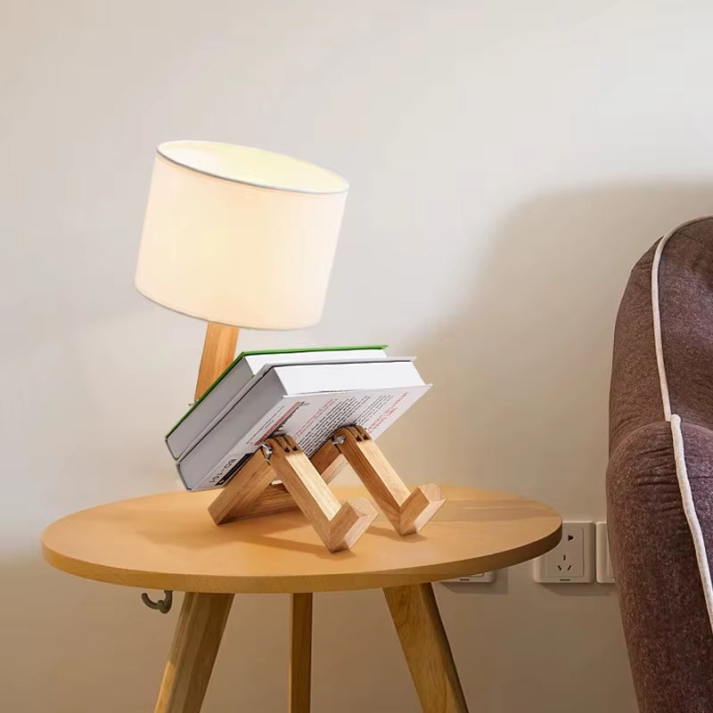 Table Lamp Wooden Robot Shape Creative Indoor Study Fashion Reading Desk Lamp Nordic Bedroom Desktop Decorative Night Light